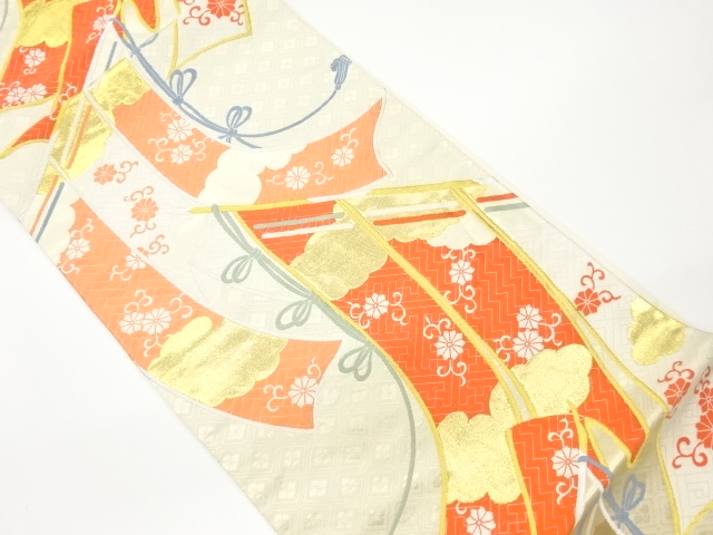 リサイクル　几帳に花唐草・雲模様織出し袋帯